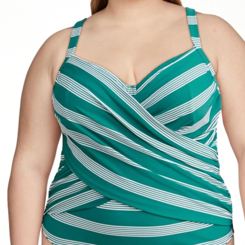 Green Striped One-Piece Swimsuit with Criss-Cross Bodice